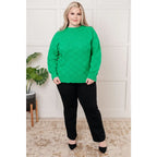 Green checkered boutique sweater with luxe knit and ribbed trim. Plus sizing available. Style it casual or chic.