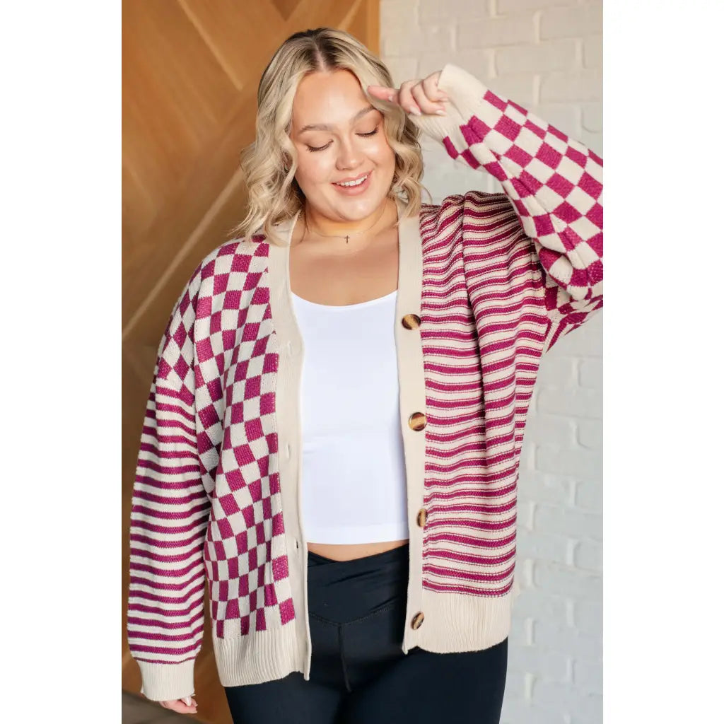 Stay cozy and stylish in our Check the Stripes Knit Cardigan Magenta Oatmeal is a versatile piece features flattering