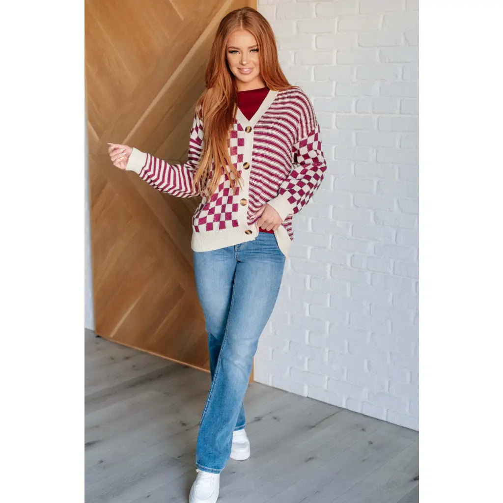 Stay cozy and stylish in our Check the Stripes Knit Cardigan Magenta Oatmeal is a versatile piece features flattering
