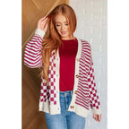 Stay cozy and stylish in our Check the Stripes Knit Cardigan Magenta Oatmeal is a versatile piece features flattering