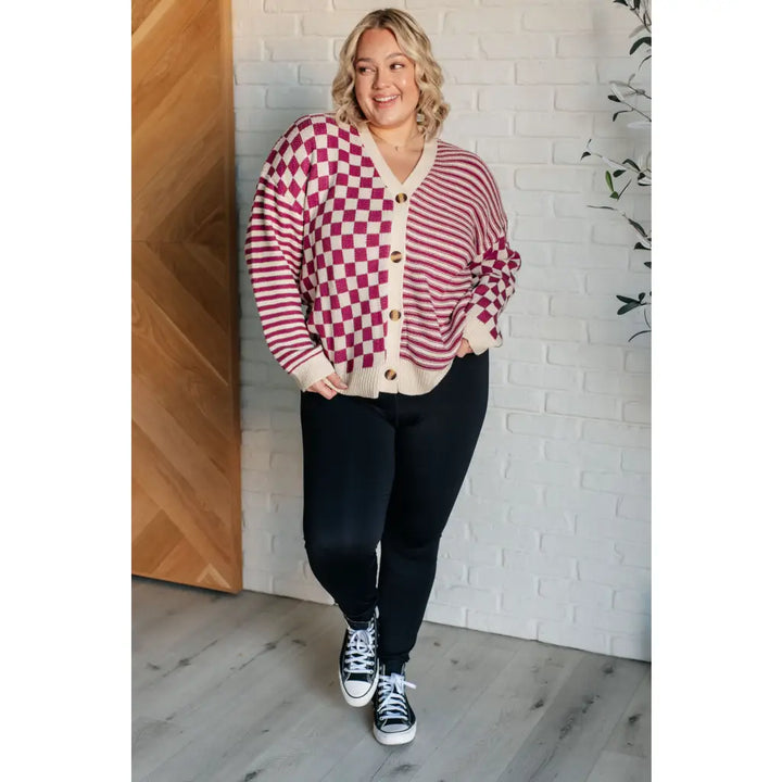 Check the Stripes Knit Cardigan in Magenta - Layers