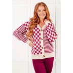 Stay cozy and stylish in our Check the Stripes Knit Cardigan Magenta Oatmeal is a versatile piece features flattering
