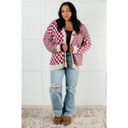 Stay cozy and stylish in our Check the Stripes Knit Cardigan Magenta Oatmeal is a versatile piece features flattering