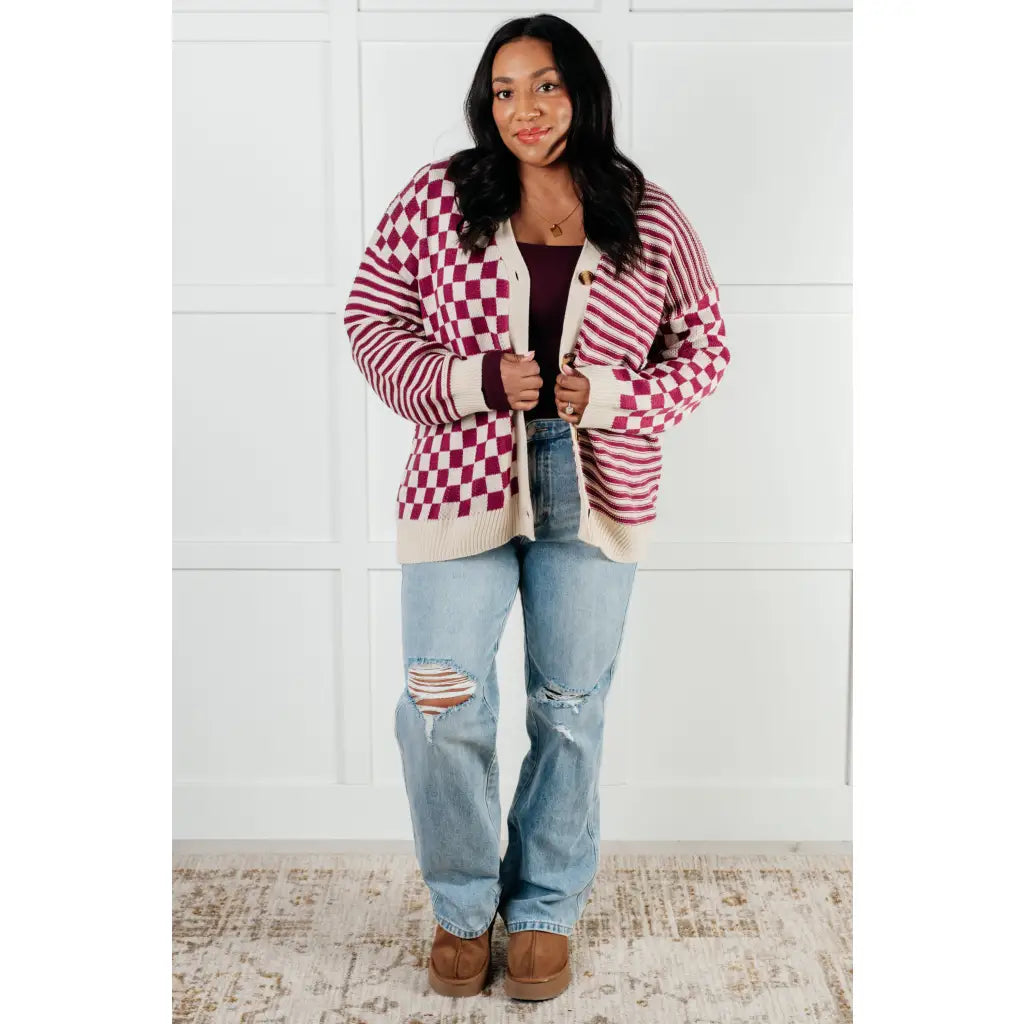 Stay cozy and stylish in our Check the Stripes Knit Cardigan Magenta Oatmeal is a versatile piece features flattering