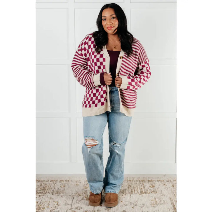 Check the Stripes Knit Cardigan in Magenta - Layers