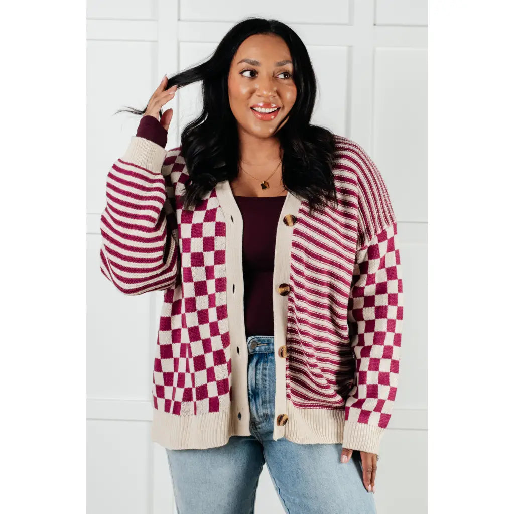 Stay cozy and stylish in our Check the Stripes Knit Cardigan Magenta Oatmeal is a versatile piece features flattering