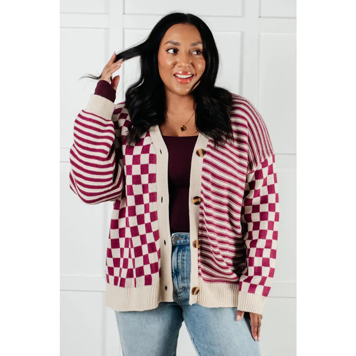 Check the Stripes Knit Cardigan in Magenta - Layers