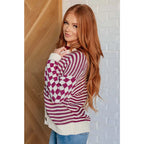 Stay cozy and stylish in our Check the Stripes Knit Cardigan Magenta Oatmeal is a versatile piece features flattering