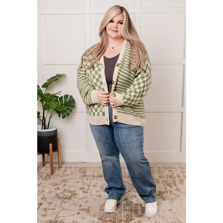 Check the Stripes Knit Cardigan in Olive - Layers