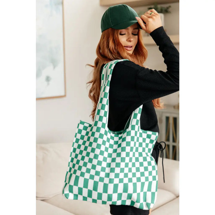 Checkerboard Big Bag in Green & White - OS - Womens