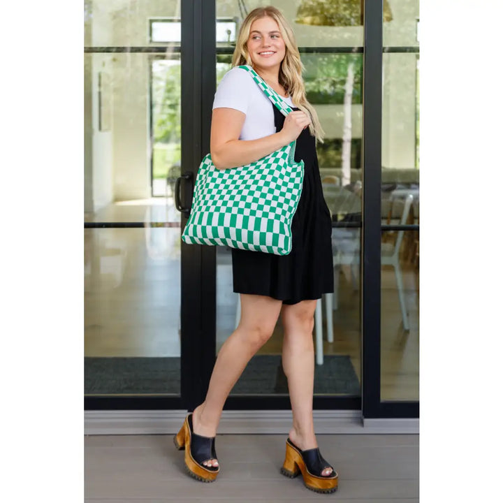 Checkerboard Big Bag in Green & White - OS - Womens