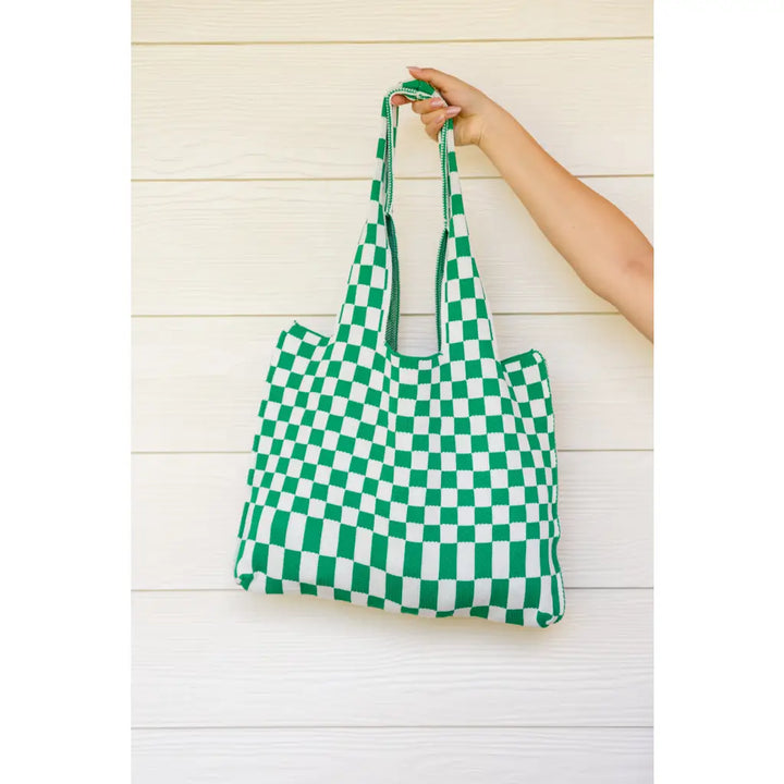 Checkerboard Big Bag in Green & White - OS - Womens