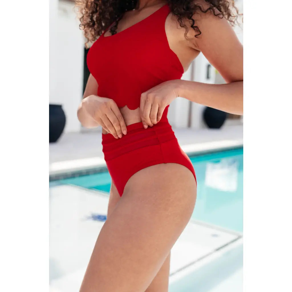 Red high waisted swim bottoms with mesh waistband. Plus size friendly. Flattering lined and made for confident poolside