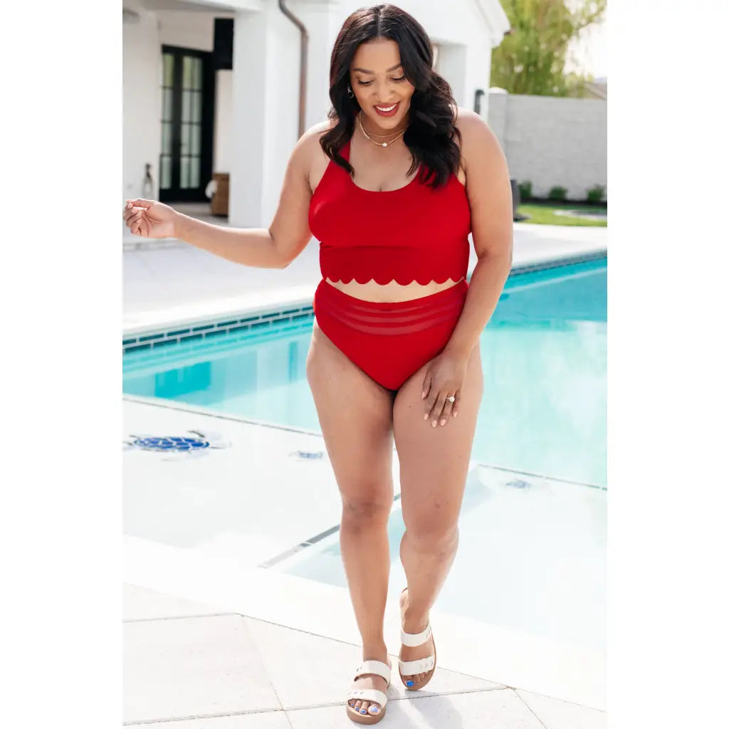 Red high waisted swim bottoms with mesh waistband. Plus size friendly. Flattering lined and made for confident poolside