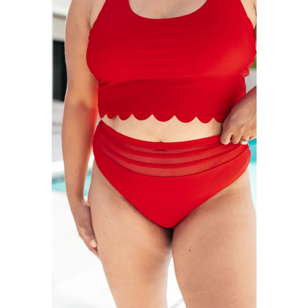 Red high waisted swim bottoms with mesh waistband. Plus size friendly. Flattering lined and made for confident poolside