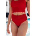 Red high waisted swim bottoms with mesh waistband. Plus size friendly. Flattering lined and made for confident poolside