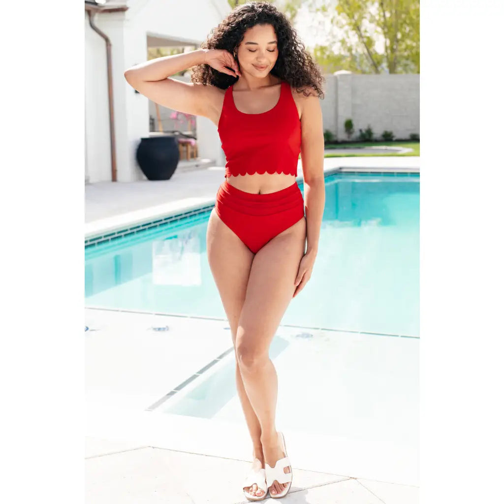 Red high waisted swim bottoms with mesh waistband. Plus size friendly. Flattering lined and made for confident poolside