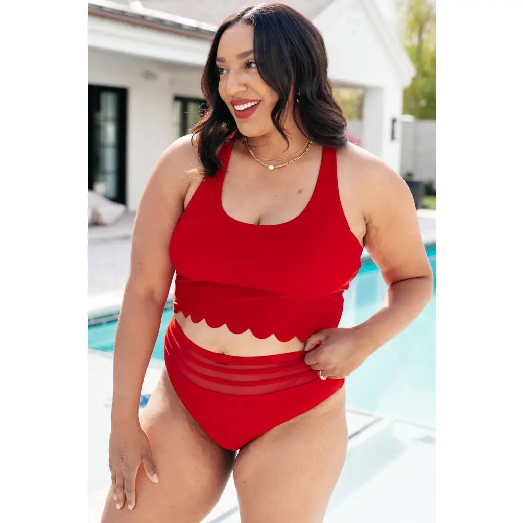 Red high waisted swim bottoms with mesh waistband. Plus size friendly. Flattering lined and made for confident poolside