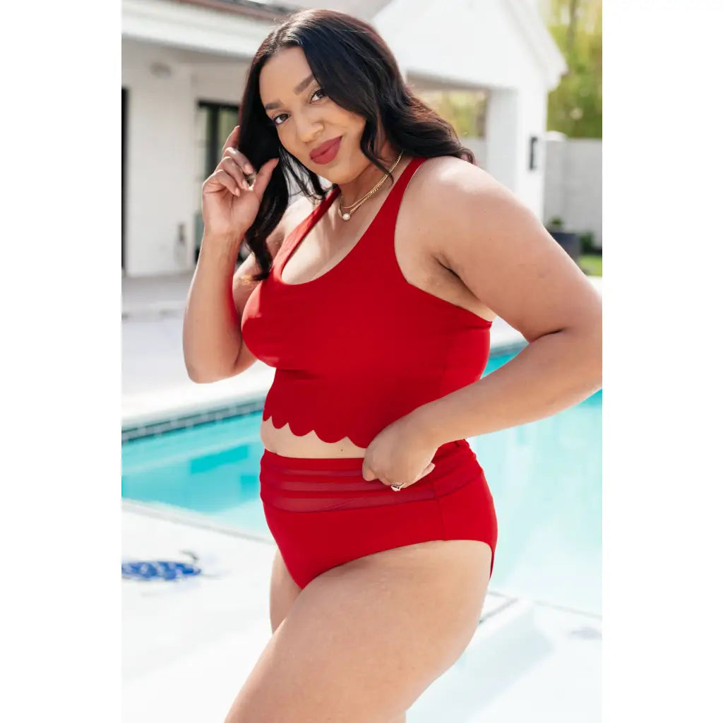 Red high waisted swim bottoms with mesh waistband. Plus size friendly. Flattering lined and made for confident poolside