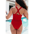 Shop the Cherry Chic scalloped swim tankini top plus sizes included. Built-in bra removable cups and a bold red edge.