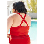 Shop the Cherry Chic scalloped swim tankini top plus sizes included. Built-in bra removable cups and a bold red edge.