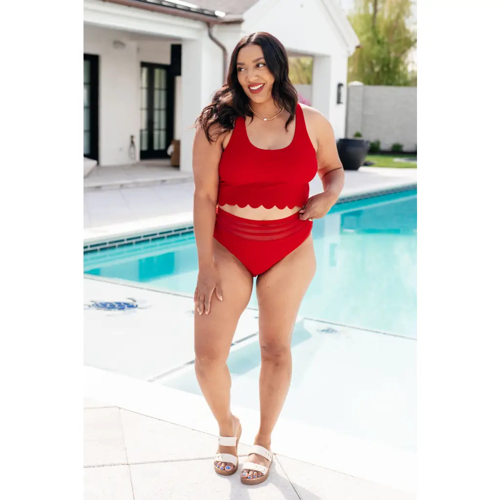 Shop the Cherry Chic scalloped swim tankini top plus sizes included. Built-in bra removable cups and a bold red edge.