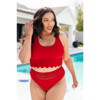 Shop the Cherry Chic scalloped swim tankini top plus sizes included. Built-in bra removable cups and a bold red edge.