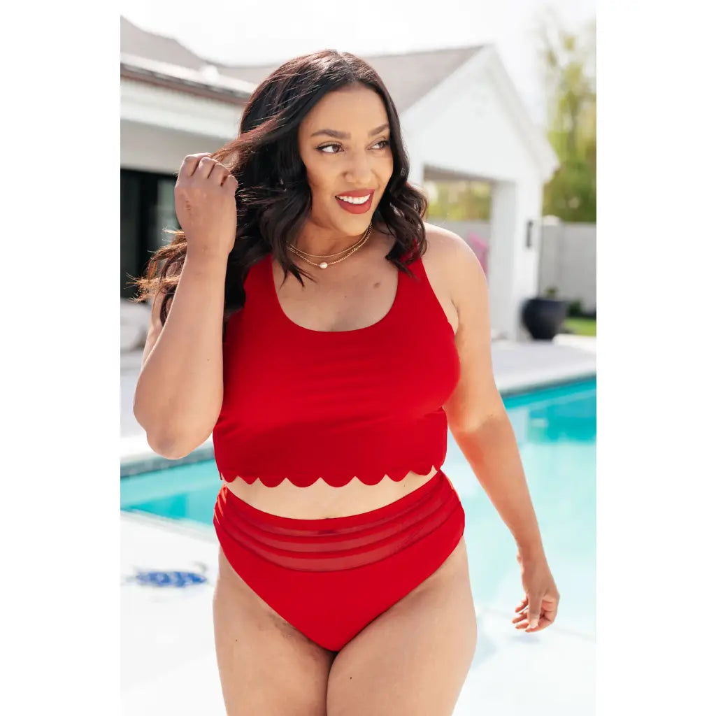 Shop the Cherry Chic scalloped swim tankini top plus sizes included. Built-in bra removable cups and a bold red edge.