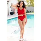 Shop the Cherry Chic scalloped swim tankini top plus sizes included. Built-in bra removable cups and a bold red edge.