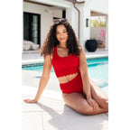 Shop the Cherry Chic scalloped swim tankini top plus sizes included. Built-in bra removable cups and a bold red edge.