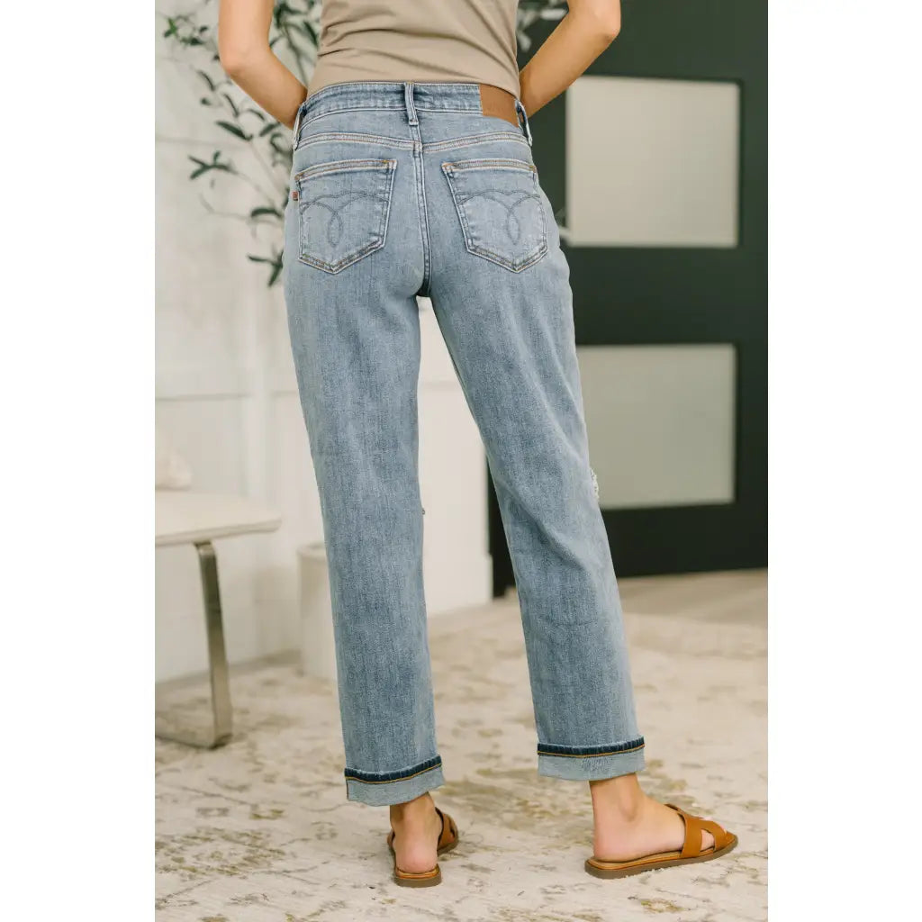 Shop Judy Blue boyfriend jeans with stretch comfort and flattering mid rise fit. Available in standard plus sizes