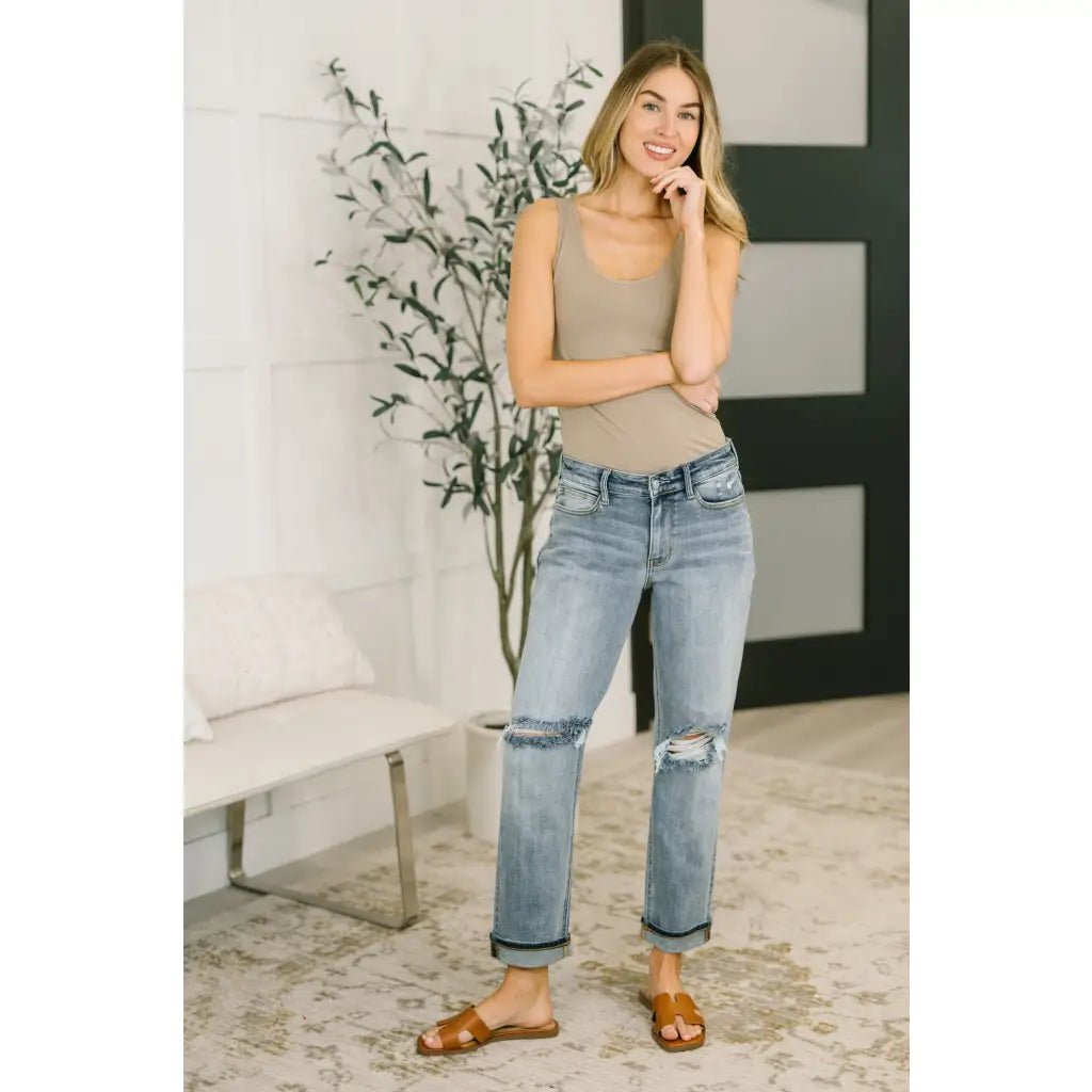 Shop Judy Blue boyfriend jeans with stretch comfort and flattering mid rise fit. Available in standard plus sizes