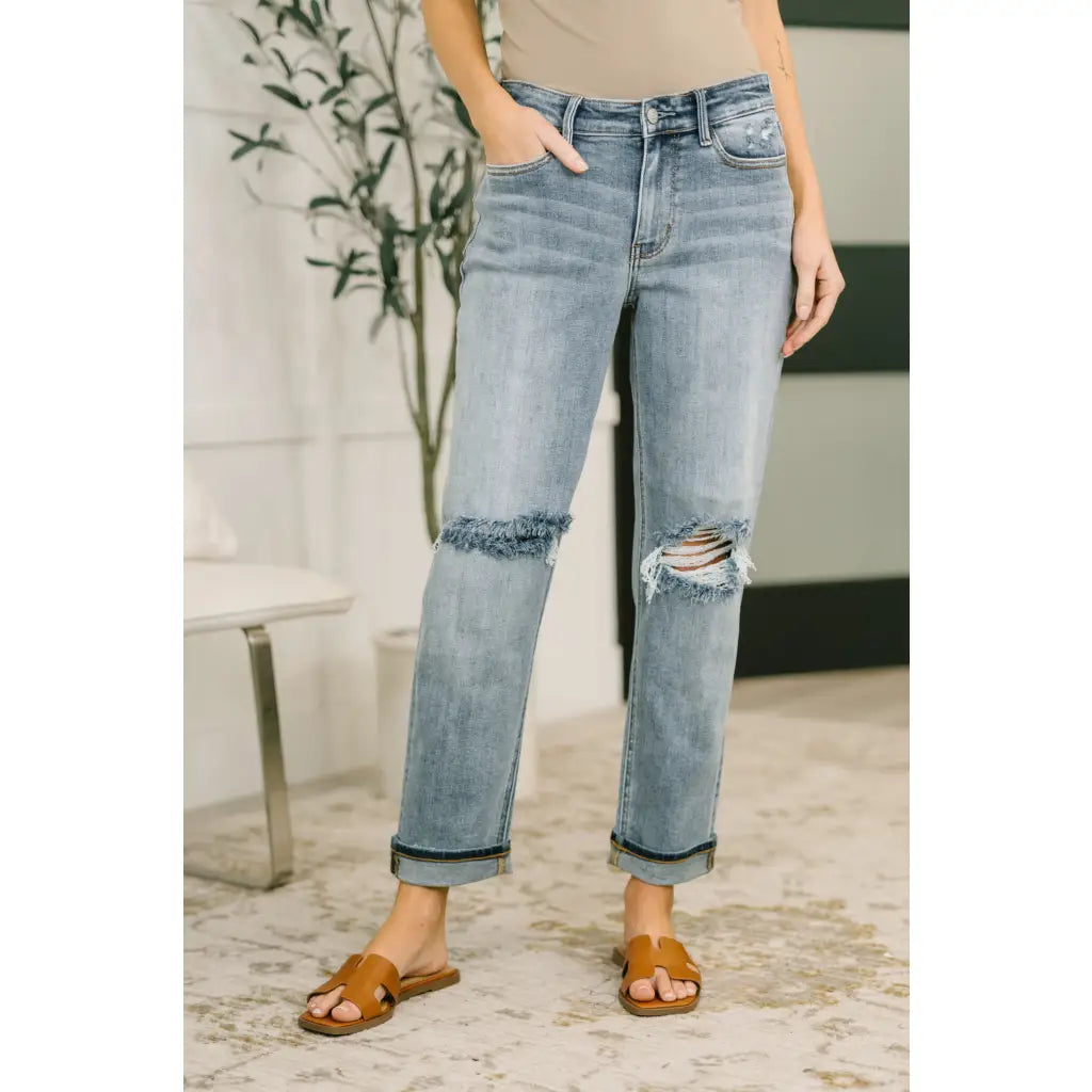 Shop Judy Blue boyfriend jeans with stretch comfort and flattering mid rise fit. Available in standard plus sizes