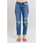 Vintage-inspired Judy Blue boyfriend jeans with cuffed hem distressed details and plus size fit. Relaxed comfy