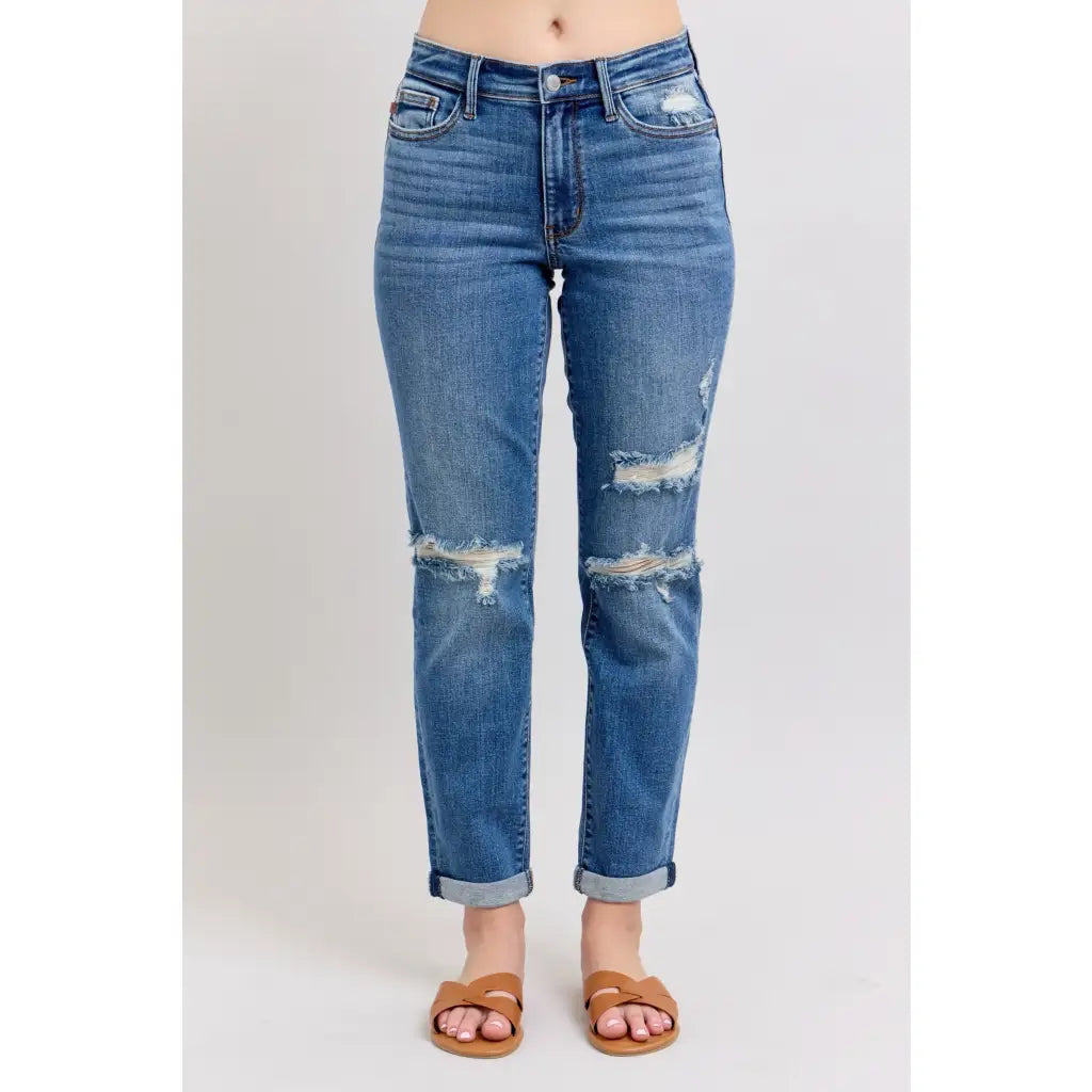 Vintage-inspired Judy Blue boyfriend jeans with cuffed hem distressed details and plus size fit. Relaxed comfy