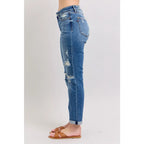 Vintage-inspired Judy Blue boyfriend jeans with cuffed hem distressed details and plus size fit. Relaxed comfy
