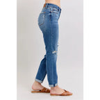 Vintage-inspired Judy Blue boyfriend jeans with cuffed hem distressed details and plus size fit. Relaxed comfy