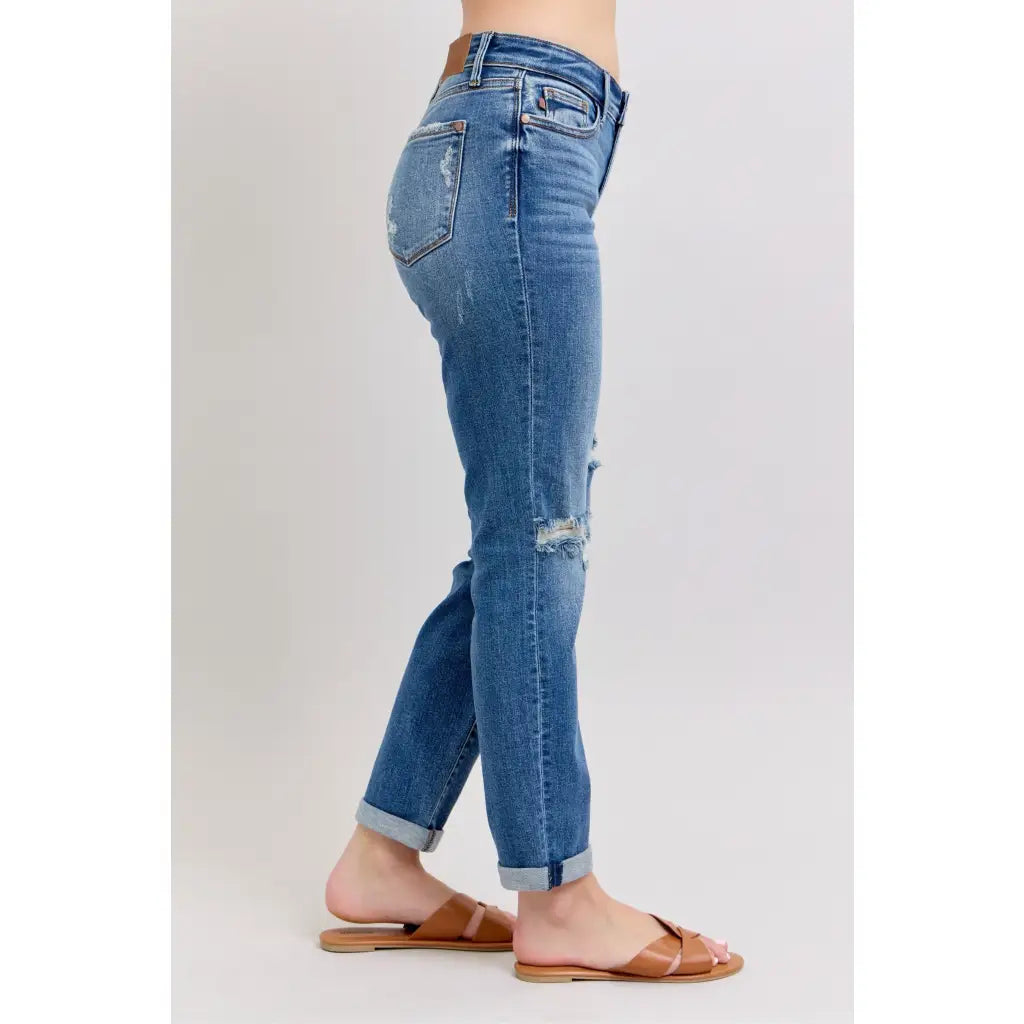 Vintage-inspired Judy Blue boyfriend jeans with cuffed hem distressed details and plus size fit. Relaxed comfy