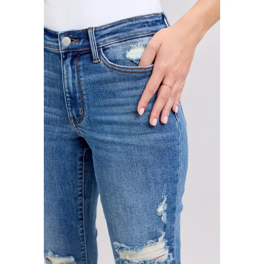Vintage-inspired Judy Blue boyfriend jeans with cuffed hem distressed details and plus size fit. Relaxed comfy