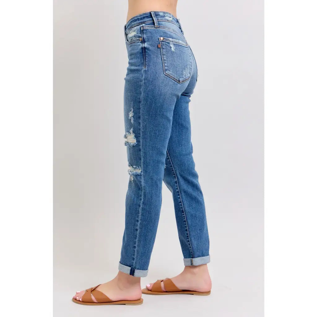 Vintage-inspired Judy Blue boyfriend jeans with cuffed hem distressed details and plus size fit. Relaxed comfy