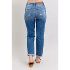 Vintage-inspired Judy Blue boyfriend jeans with cuffed hem distressed details and plus size fit. Relaxed comfy
