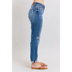 Vintage-inspired Judy Blue boyfriend jeans with cuffed hem distressed details and plus size fit. Relaxed comfy