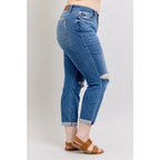 Vintage-inspired Judy Blue boyfriend jeans with cuffed hem distressed details and plus size fit. Relaxed comfy