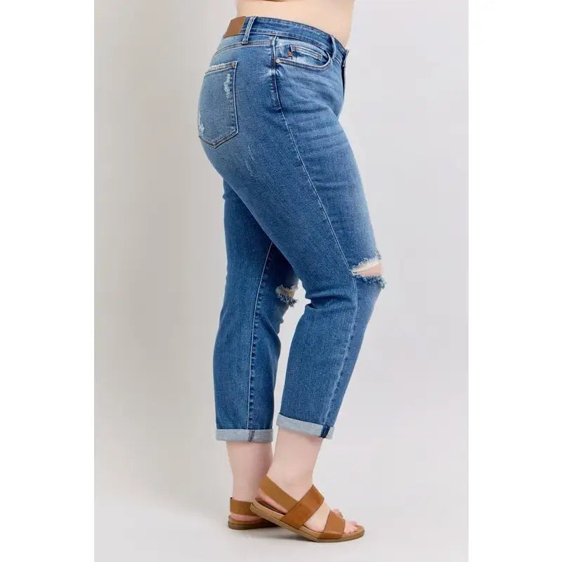 Vintage-inspired Judy Blue boyfriend jeans with cuffed hem distressed details and plus size fit. Relaxed comfy