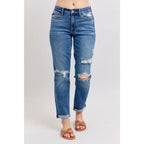 Vintage-inspired Judy Blue boyfriend jeans with cuffed hem distressed details and plus size fit. Relaxed comfy