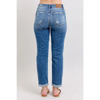 Vintage-inspired Judy Blue boyfriend jeans with cuffed hem distressed details and plus size fit. Relaxed comfy