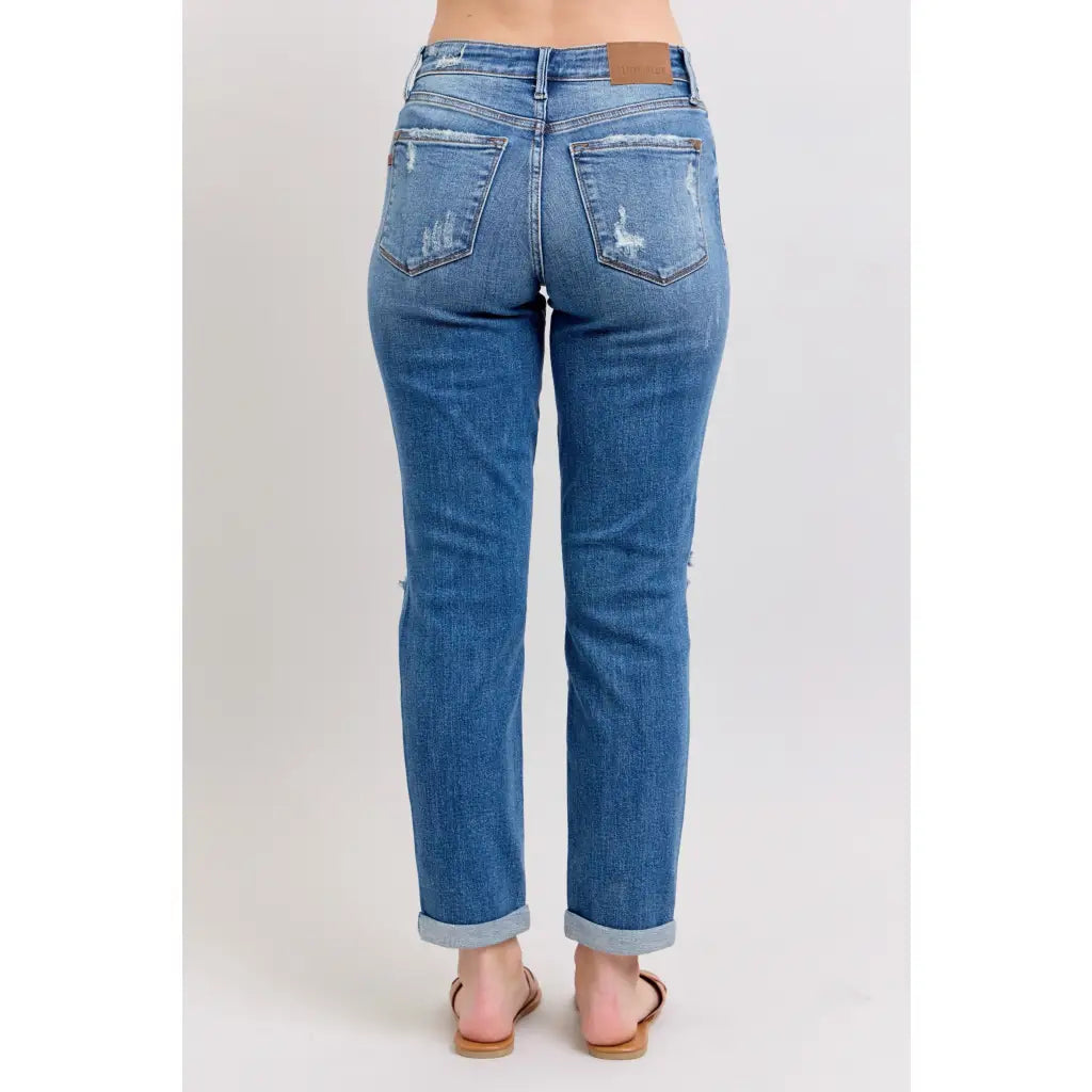 Vintage-inspired Judy Blue boyfriend jeans with cuffed hem distressed details and plus size fit. Relaxed comfy
