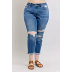 Vintage-inspired Judy Blue boyfriend jeans with cuffed hem distressed details and plus size fit. Relaxed comfy