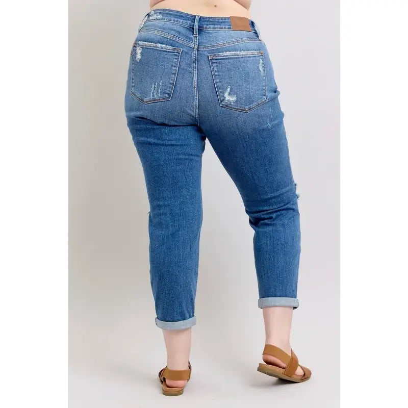 Vintage-inspired Judy Blue boyfriend jeans with cuffed hem distressed details and plus size fit. Relaxed comfy