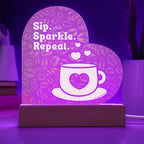 Add sparkle to your coffee bar with this heart-shaped LED acrylic plaque! A bold gift for lovers besties or boutique